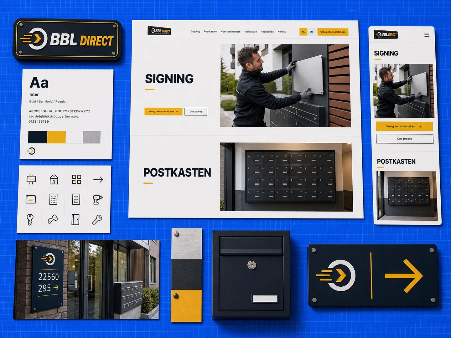 BBL Direct merk- en websiteontwerp op een kobaltblauwe blauwdrukmat