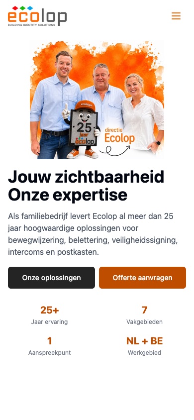 De nieuwe homepage van Ecolop op mobiel
