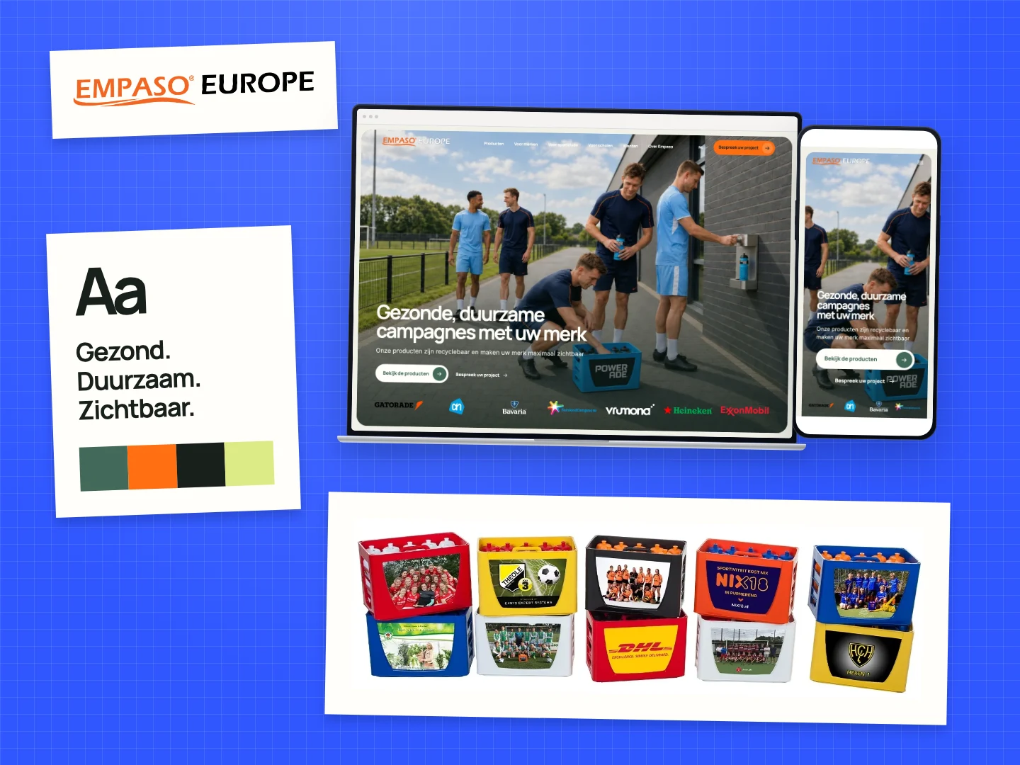 Empaso's website, productfotografie en groene en oranje kleuren samengebracht op een SiteChef-blauwdrukmat