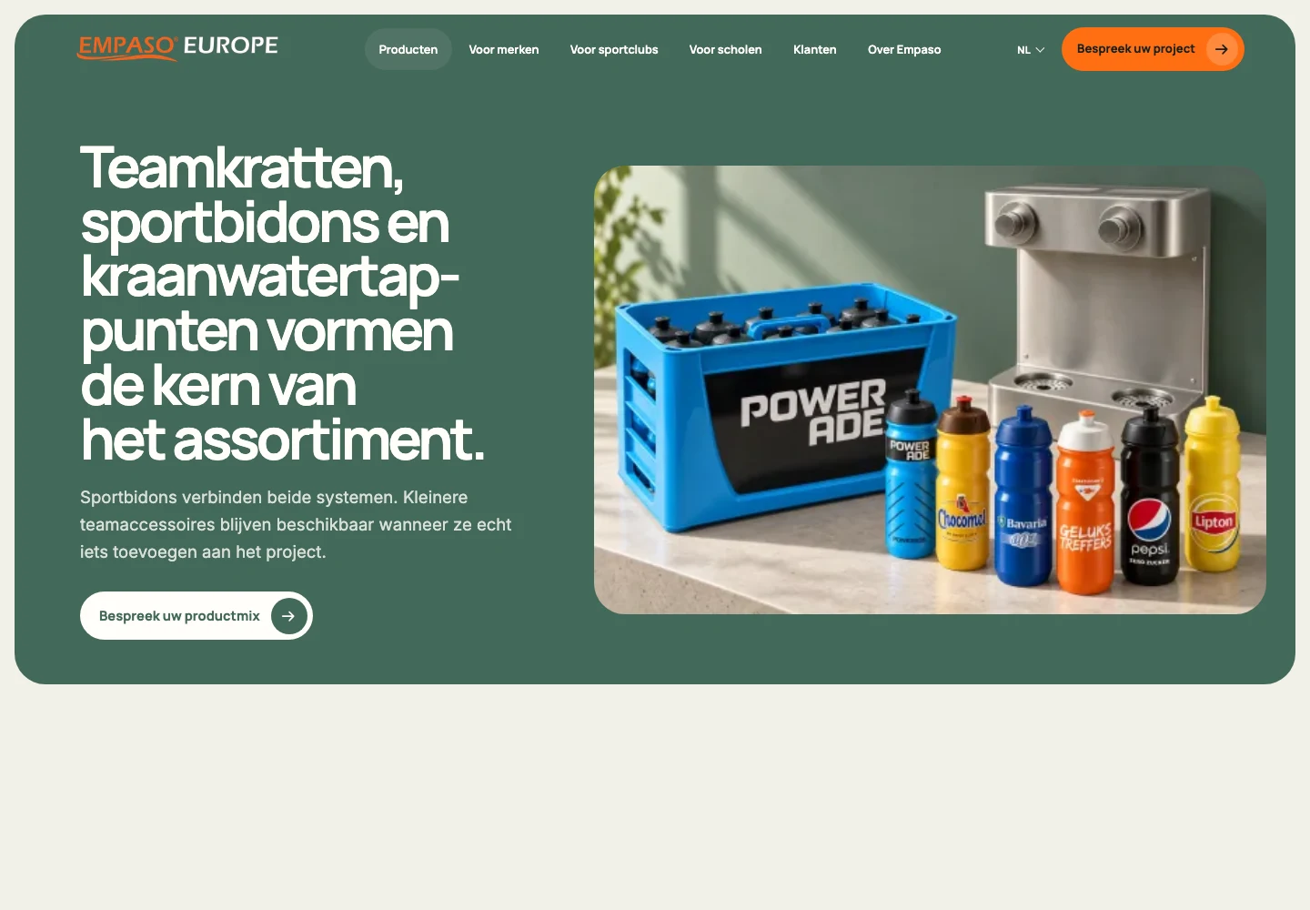 De nieuwe Empaso-productpagina met teamkrat, bidons en watertappunt in één overzicht