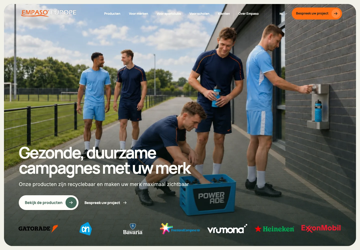 De nieuwe Nederlandse Empaso-homepage op desktop, met sportbeeld en duidelijke doelgroeproutes