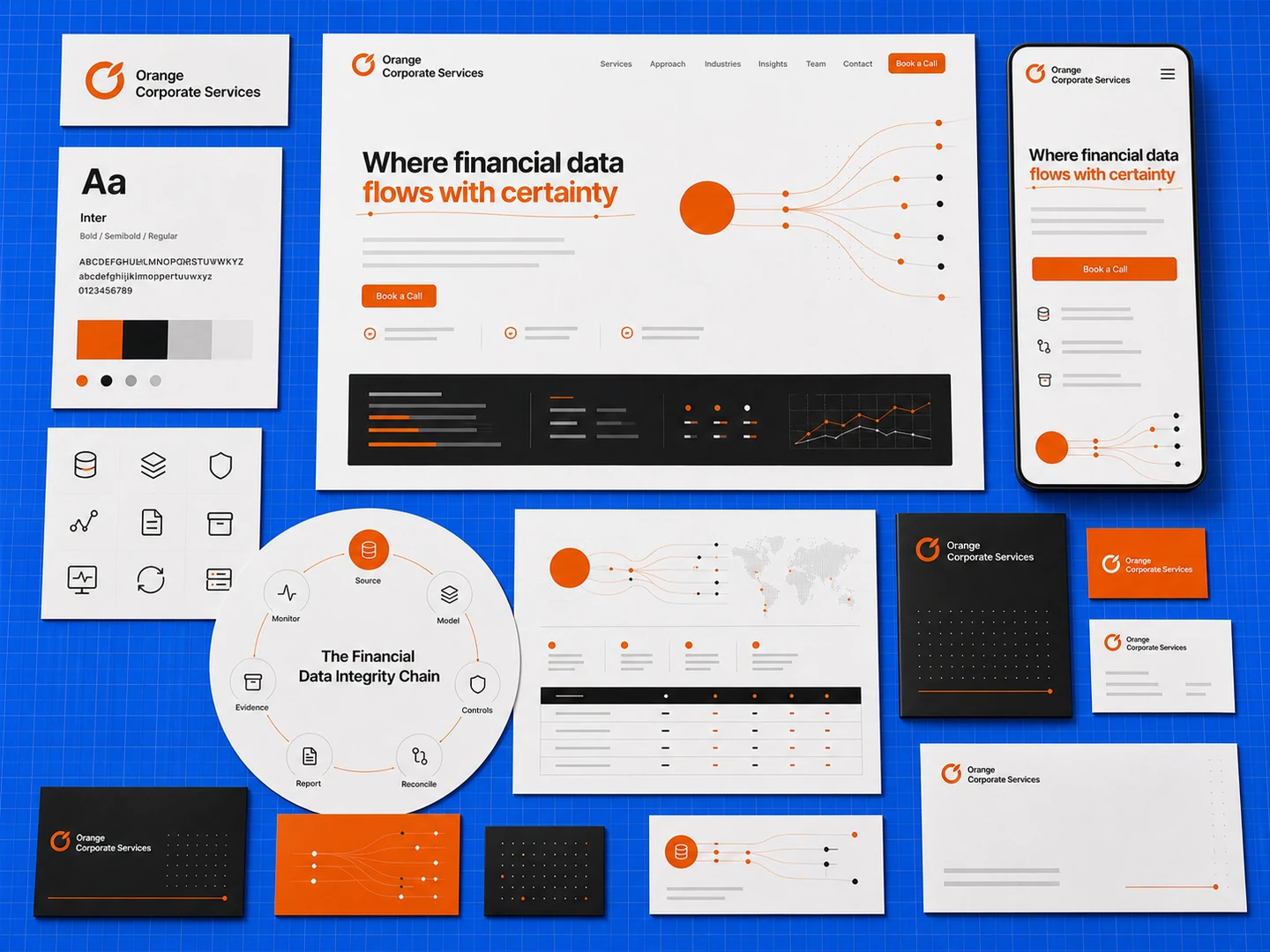 Orange Corporate Services merk- en websiteontwerp op een kobaltblauwe blauwdrukmat