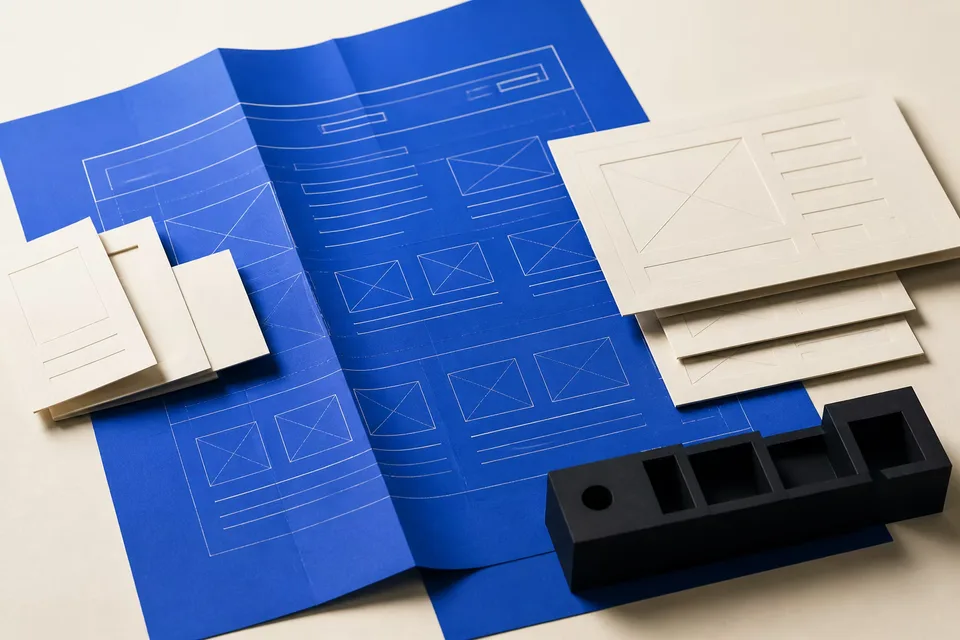 Tactiele blauwdruk met websitewireframes als voorbereiding op een websiteproject
