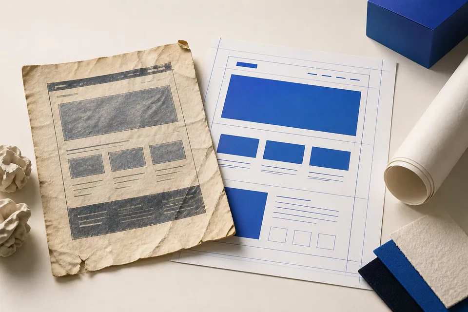 Een versleten websiteplan naast een nieuwe heldere blauwdruk