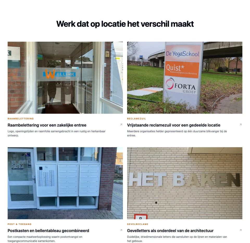 Projecten op de Ecolop-website met raambelettering, reclame en postkasten