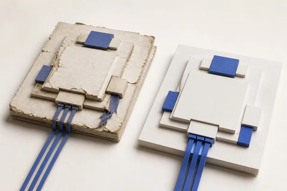 Een verouderde tactiele technische module met versleten verbinding naast een stabiele vervanger