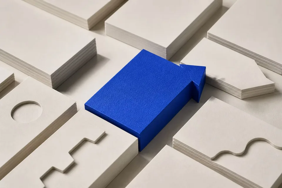 Een helder blauw boodschapvlak tussen neutrale papieren vormen