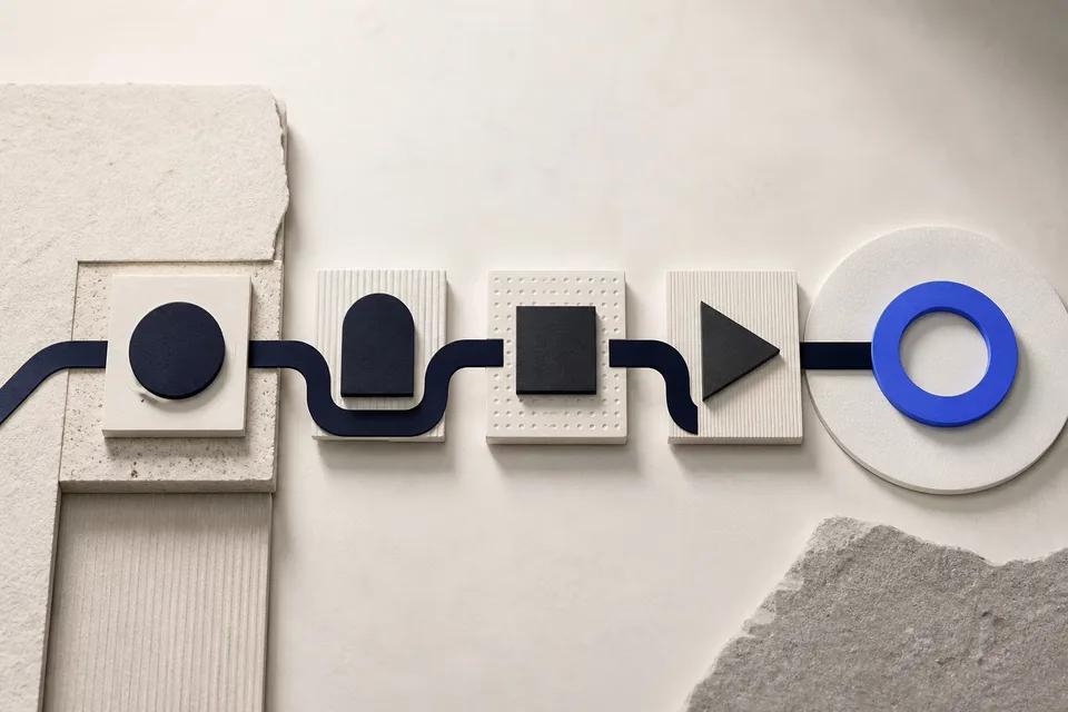 Een tactiele klantreis met vier heldere bewijsstappen vóór een open contactpunt