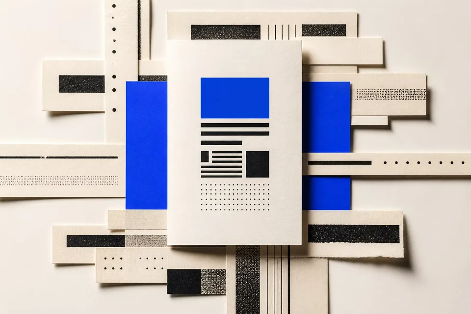 Redactionele compositie waarin één kobaltblauw signaal uit rustige papieren vormen naar voren komt